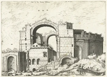 Gezicht op de Sint Pieter Rómában Az Aedis D. Peter Romana deformációja (cím a tárgyon) Római romok, 1561 (sorozat címe)