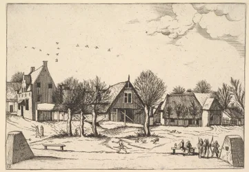 Vidéki falu, előtérben íjászok a Multifariarum casularum ruriumque linea..., 1559-61.