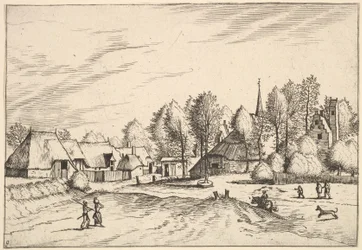 Vidéki falu templomtoronnyal a Multifararum nyaralókból és vidéki vonalakból..., 1559-61.