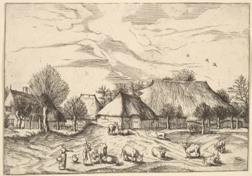 Farmok, szarvasmarhák pásztorokkal és fejőslányokkal az előtérben a Multifariarum casularu..., 1559-61.