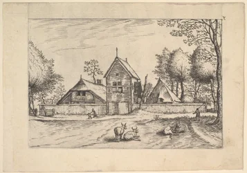 Tanya, tehenek és pásztor az előtérben a Praediorum villarum et rusticar..., kb. 1559-61.