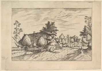 Village Street, egy tanya előtt felhalmozott széna Estates farmról és vidékről..., kb. 1559-61.