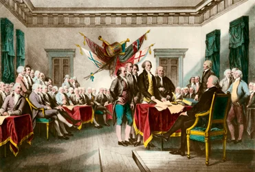 Az Egyesült Államok Függetlenségi Nyilatkozatának aláírása 1776-ban, metszet John Trumbull (1756-1843) festménye nyomán, 1783, magángyűjtemény