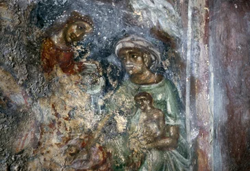 A Szent Család freskója, Ayios Stephanos bizánci temploma, Drakona, Kréta, Görögország (fotó)