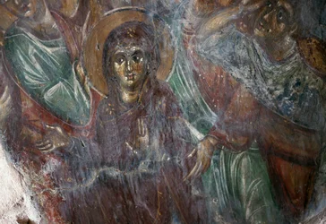 Szent freskója az Ayios Stephanos bizánci templomban, Drakona, Kréta, Görögország (fotó)