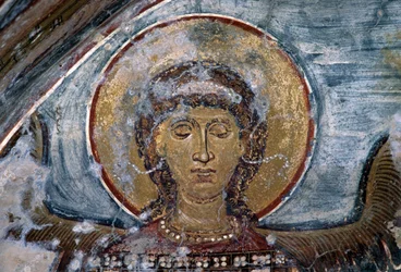 Freskó angyallal Agios Georgios bizánci templomában, Vathi, Kréta, Görögország (fotó)