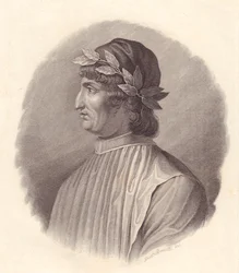 Angelo Ambrogini olasz költő és humanista portréja, más néven Poliziano (1454-1494), G Bonatti rézmetsze