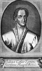 Lucilio Vanini, más néven Giulio Cesare Vanini (1585-1619) portréja, olasz filozófus, orvos és szabadgondolkodó, az intellektuális libertinizmus egyik első jelentős képviselője, metszet