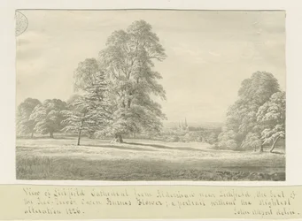 Lichfield katedrális - Kilátás Aldershaw felől (távol): szépia rajz