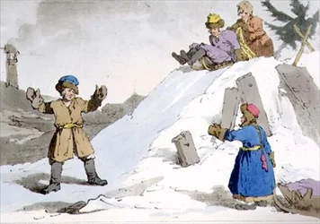 Jégdombon lefelé haladó gyerekek, „Az oroszok modora, szokásai és szórakozásai” II. kötet 38. táblája, a művész által metszett kocsma. 1804 (akvatinta)