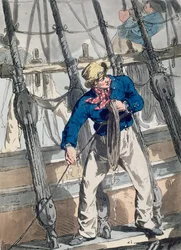 A művész által metszett „Nagy-Britannia jelmeze” ólom felhúzása, kocsma. William Miller és James Walker, 1807 (színes rézkarc)