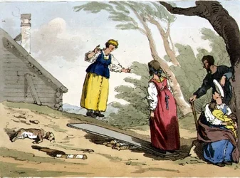 Ugrás egy deszkán, 54. tábla az "Oroszok szokásai, szokásai és szórakozásai" II. kötetéből, a művész metszete, kiad. 1804 (akvatinta)