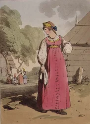 Parasztlány, "Az oroszok modora, szokásai és szórakozásai" I. kötetének 27. táblája, a művész metszetében, kocsma. 1803 (akvatinta)