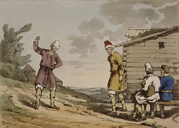 Lengyel tánc, 96. tábla „Az oroszok modora, szokásai és szórakozásai” III. kötetéből, a művész által metszett, kocsma. 1804 (akvatinta)