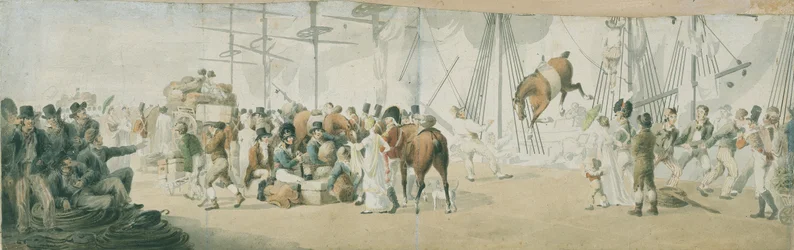 Csapatok és lovak beszállásolása Margate-ben (Anglia), 1800 körül. John Augustus Atkinson (1775-1833) akvarellje (17,8x54 cm), 19. század eleje.