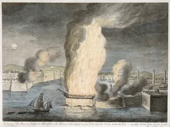 The Burning of the American Fregate [sic] the Philadelphia Tripoli kikötőjében, 1805 (kézzel színezett vonalmetszet fektetett papíron)