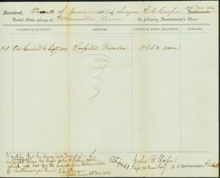 A Quartermaster üzleteinek átvételi elismervényének korabeli másolata, eredeti aláírása: John B. Tope, kapitány, 12. Tennessee lovasság, 1864. június 11.