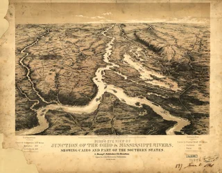 Az Ohio és a Mississippi folyók találkozásának madártávlati képe, rajta Kairó és a déli államok egy része LOC 99447003