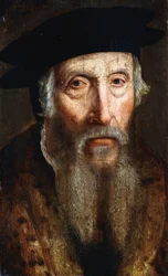 Szakállas férfi portréja, mellkép, prémmel szegélyezett kabátban és fekete kalapban, 1547 körül