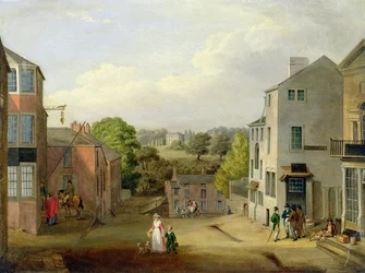Utcai jelenet Chorley-ban, Lancashire, kilátással a Chorley Hallra, 1790-1817