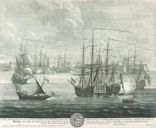 Bombay (India) látképe, a Brit Kelet-indiai Társaság igazgatójának szentelve. John Bowles () metszete