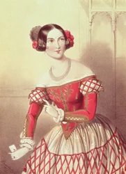 Madame Sontag Rosina szerepében a Sevillai borbélyban, a művész metszetében, 1849