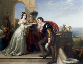 "Rosalinde et Orlando" Personnages de la piece de theatre "Comme il vous plaira" de William Shakespeare. (Rosalind és Orlando, Shakespeare "Ahogy tetszik" című darabjából) Peinture de John Bridges (1818-1854) Collection privee
