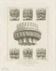 Lichfield székesegyház belseje – Cluster Pillar a Chapter House-ban és zárójelek a Lady Chapel-ben: metszet, nd [c 1819] (nyomtatás)