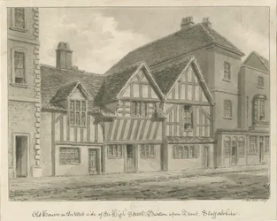 Burton-upon-Trent – Régi házak a High Streeten: szépia rajz, 1839