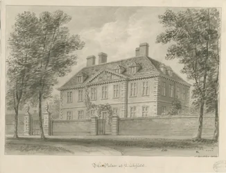 Lichfield - Püspöki palota a közelben: szépia rajz