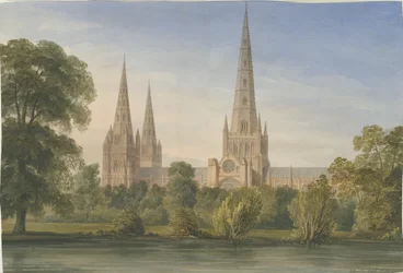 Lichfield katedrális – Dél-Délkeleti nézet: akvarell festmény, 1842