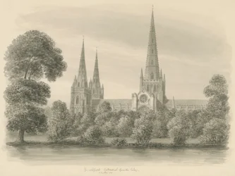 Lichfield katedrális – déli nézet: szépia rajz
