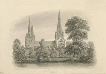 Lichfield katedrális – Déli nézet: szépia rajz, 1841