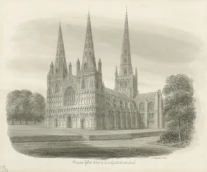 Lichfield katedrális – délnyugati nézet: szépia rajz