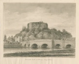 Tamworth kastély és híd: szépia rajz
