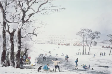 Kilátás a Buckingham House-ra és a St James Parkra télen, pub. R. Havell und Sons, 1810