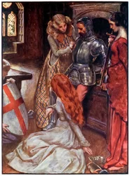 Keresztény felfegyverkezve a „A zarándokok előrehaladása ebből a világból, az eljövendőbe” – John Bunyan (1628-1688) Illusztrációja Byam Shaw (1872-1919), Christian a palota fegyvertárában Gyönyörű b