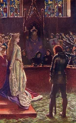 Sir Lanval hölgye a bírákhoz fordul, illusztráció A. R. Hope Moncrieff „Romance and Legend of Chivalry” című művéből
