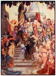 Hiúságvásár a The Pilgrims Progress from this world, to What Is Jövő című filmből, John Bunyan (1628-1688) Illusztráció: Byam Shaw (1872-1919), amely keresztények és hűségesek belépését Va városába mutatja