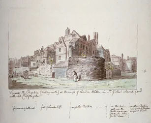 Bástya a londoni fal szögletében, St Giles Cripplegate templomkert nélkül, London City, 1779