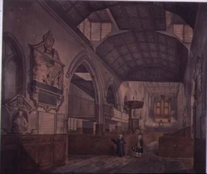 A Cripplegate-i St. Giles-templom belső képe nyugatra nézve, Constance Whitney emlékművével