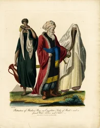 Egy arab bej;egy egyiptomi rangos hölgy;és egy női vízhordó és gyermeke portréja.