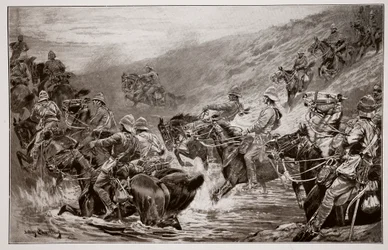 The Dash for Kimberley – A 10. huszárok átkelnek a klippsodródáson, G.D. Giles vázlata (fl.1890) után