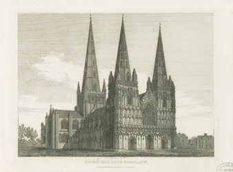 Lichfield katedrális – nyugati front: metszet, nd [c 1820] (nyomtatás)