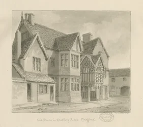 Stafford – Old Houses in Crabbery Lane: szépia rajz, 1841