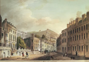 Axford és Paragon épületek a „Bath, kilátások sorozatával illusztrálva”, metszet: I. Hill, 1806 (akvatinta)
