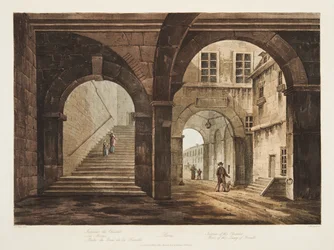 A Chatelet belseje, a feraille-i rakpart része, illusztráció Versailles-ból, Párizsból és Saint Denis-ből, pub. 1809 (akvatinta)
