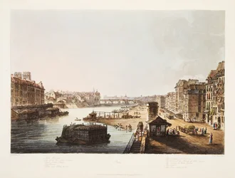 St Louis szigete, a Notre Dame templom tornyai, Notre Dame hídja, Louvre, Kukorica rakpart, illusztráció Versailles-ból, Párizs és Saint Denis, kocsma. 1805 (akvatinta)