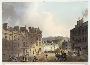 Marlborough Street, a „Bath Illustrated by a Series of Views”-ből, John Hill (1770-1850) kocsma metszetében. William Miller, 1805 (akvatinta)