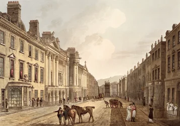 Milsom Street, a "Bath Illustrated by a Series of Views"-ből, John Hill (1770-1850) kocsma metszetében. William Miller, 1805 (akvatinta)
